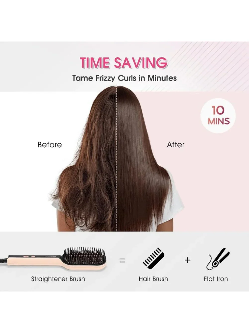 Negative Ionic Hair Straightener Brush - Fast Heat, Sleek & Smooth Finish, Pink